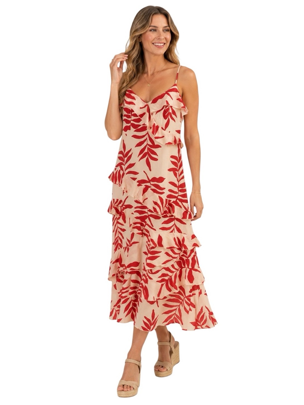 EMBER Tropical Leaf Print Tiered Midi Dress Side Zip Women’s Size Medium NWT